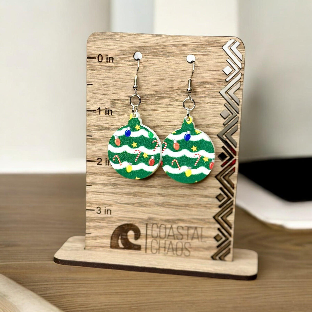 Christmas tree print ornament acrylic dangle & stud Earrings, Christmas present, earrings, sassy, fun, womens gift, jewelry