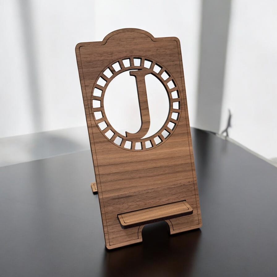 Custom Wood Phone Stand with Initial | Personalized Laser Cut Phone Holder | Walnut, Birch or White Oak | Gift for Him or Her
