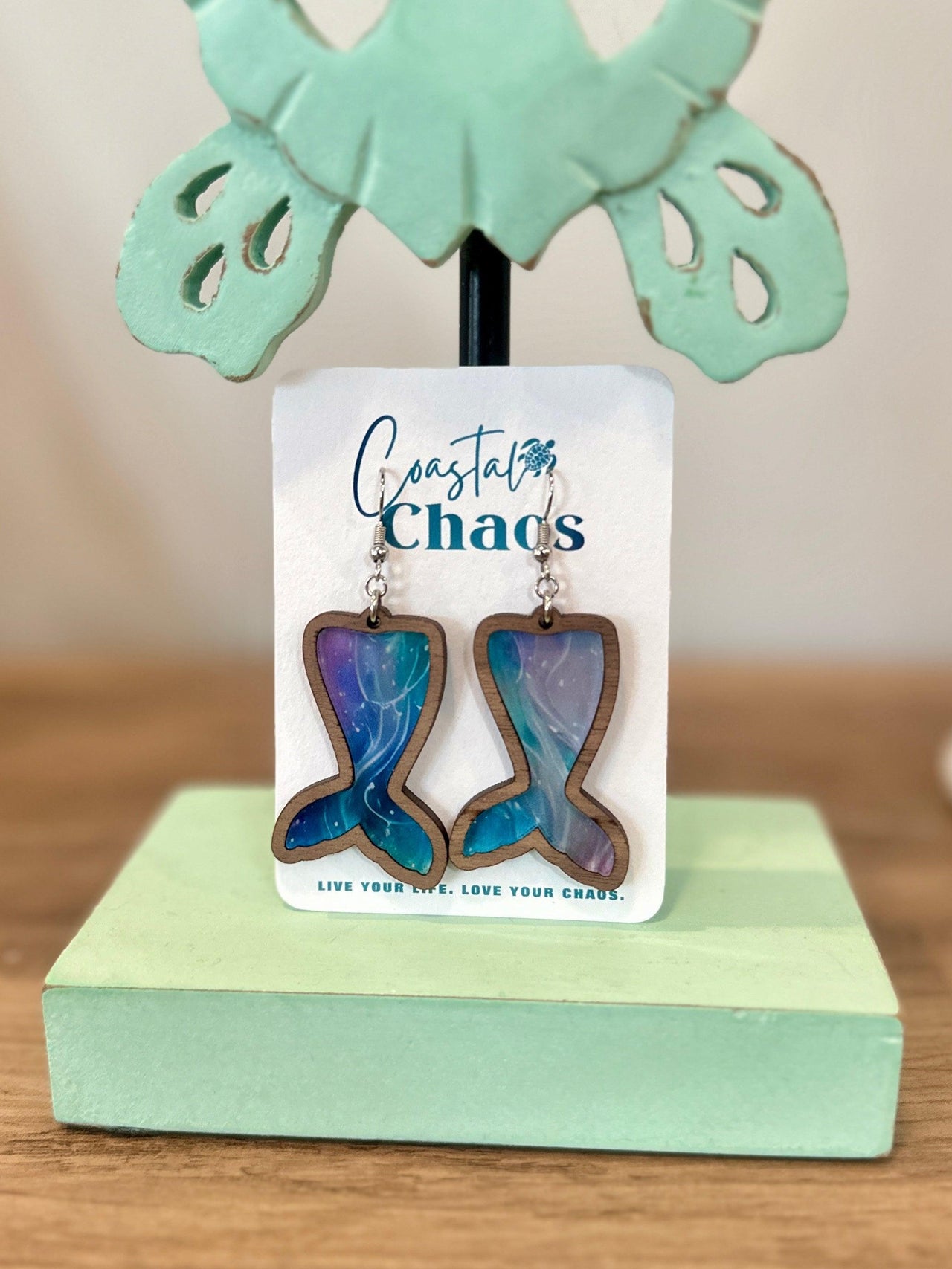 Mermaid tail earrings, walnut wood custom earrings