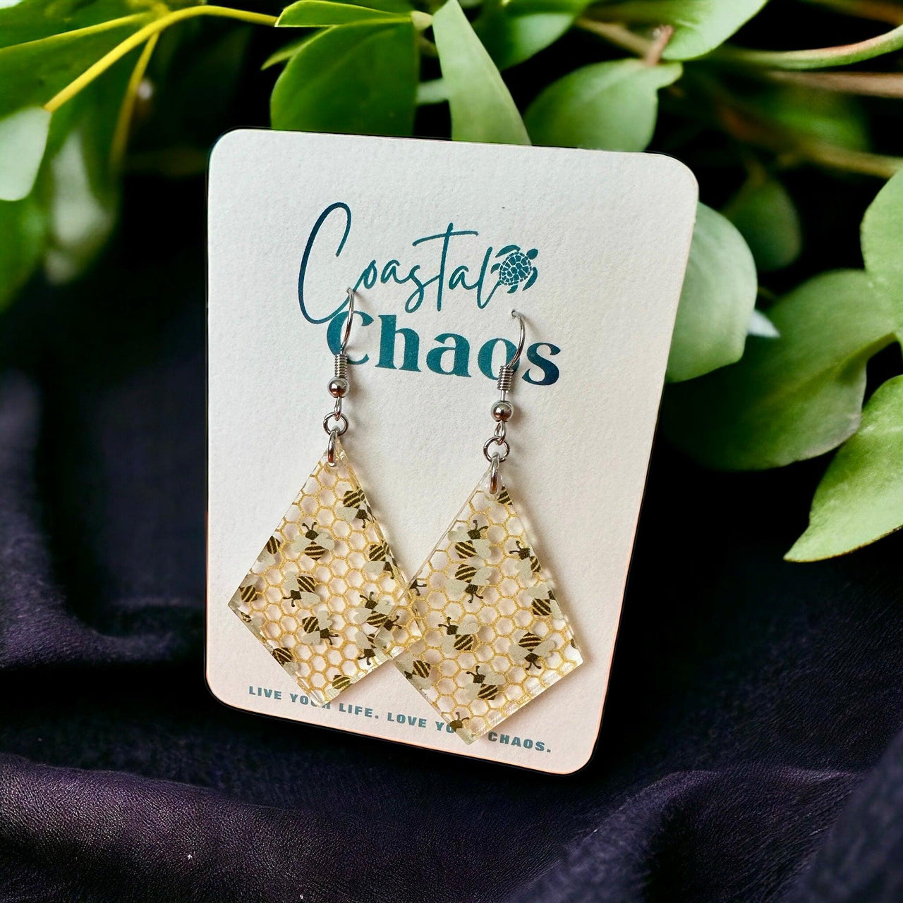 Honeybee earrings, acrylic earrings, honeycomb earrings