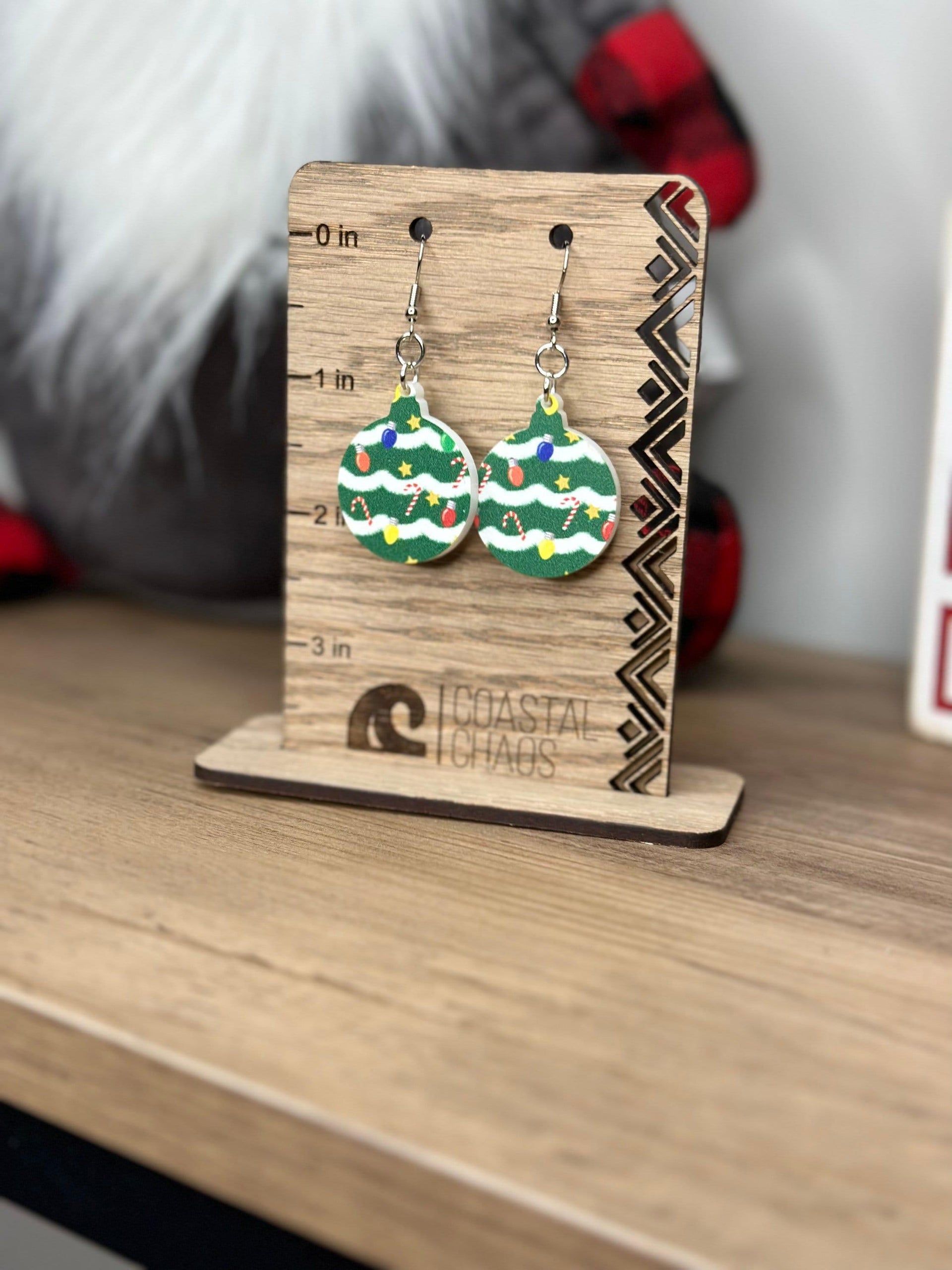 Christmas tree print ornament acrylic dangle & stud Earrings, Christmas present, earrings, sassy, fun, womens gift, jewelry - Coastal Chaos LLC